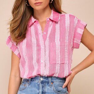 Lulus Easily Effortless Pink Textured Burnout Button-up Top - Size S